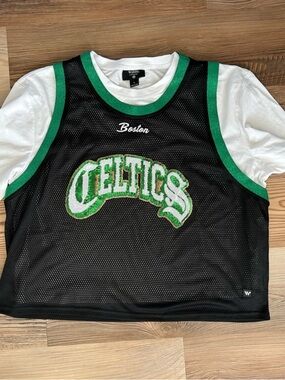Boston Celtics Womens Black & Green Mesh Basketball Jersey and tee shirt set